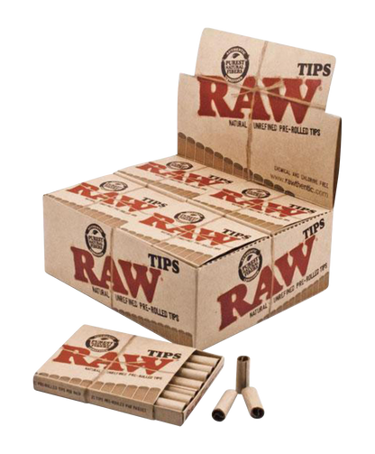 A stack of RAW Pre-Rolled Tips (21 Tips Per Pack) displayed against a simple white background, showcasing the branded packaging.