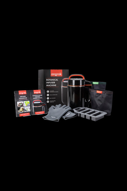 On a black background, a complete Onrok Botanical Infuser Machine kit is displayed, including the infuser, storage bags, a cookbook, and accessories.