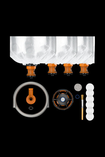 A top-down view of the Volcano Hybrid Starter Set, displaying multiple clear glass bags arranged in a row on a black background.