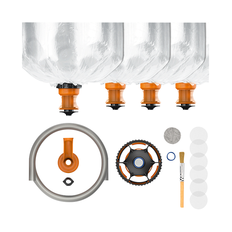 A top-down view of the Volcano Hybrid Starter Set components arranged against a white background, including various clear glass parts and connectors.