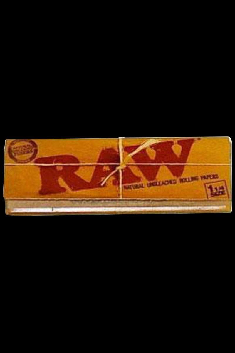 Close-up of the RAW Classic 1 1/4" Rolling Papers package, showcasing the brand logo on a textured, brown paper booklet.
