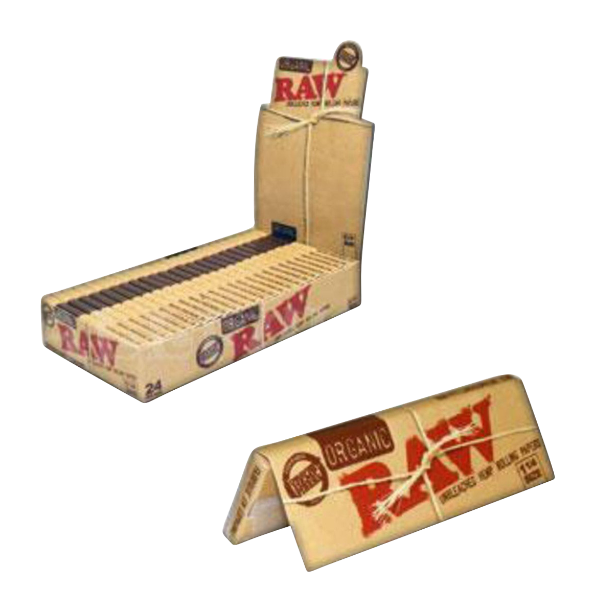 A close-up of the 24-pack of RAW Organic Hemp 1 1/4 Rolling Papers, displaying the branded packaging against a plain white background.