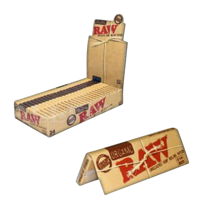 A close-up of the 24-pack of RAW Organic Hemp 1 1/4 Rolling Papers, displaying the branded packaging against a plain white background.
