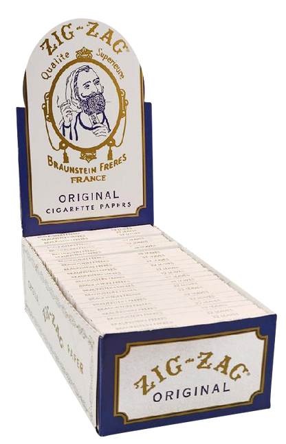 Front view of the Zig Zag White Single Wide Rolling Papers displayed in a 24-pack cardboard box with vintage branding.