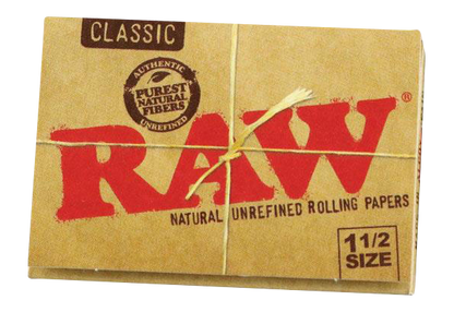 Close-up of a pack of RAW Classic 1 1/2" Rolling Papers, showing the branded packaging in a simple, straightforward shot.