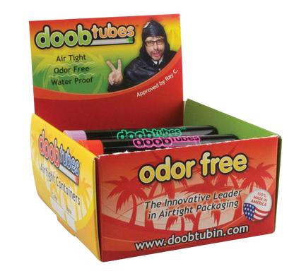 A front view of the Doob Tubes - Bulk 25 Pack, showcasing a colorful, branded box with text highlighting its airtight features.