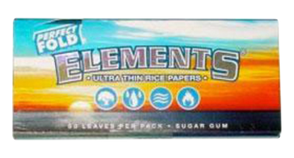 Front view of the Elements Ultra Thin Perfect Fold Rice Rolling Papers package, featuring bold branding against a vibrant blue backdrop.