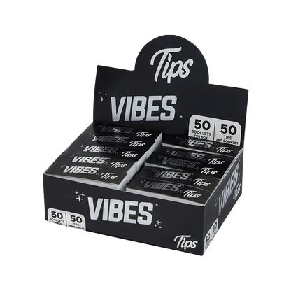 A slightly angled close-up of the VIBES Rolling Tips Box - 50 Pack, displaying the branded packaging with a clean, minimalist design.