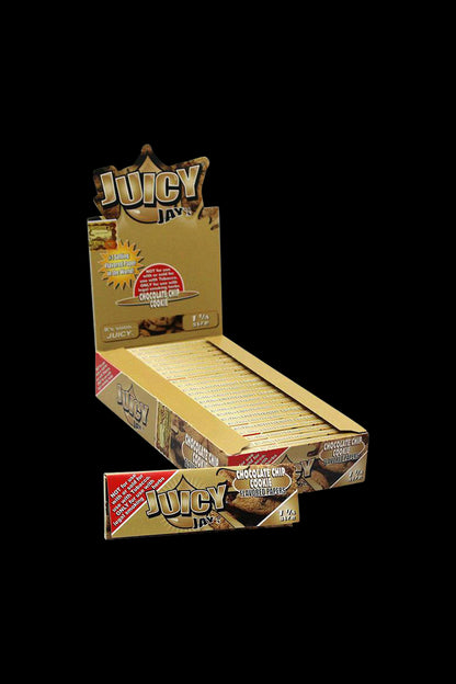 A close-up, angled shot of Juicy Jay's 1 1/4 Chocolate Chip Rolling Papers packaging with a brown and cream color scheme.