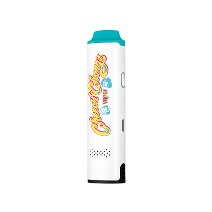 White and teal cannabis vape pen with “Cheech & Chong” branding.