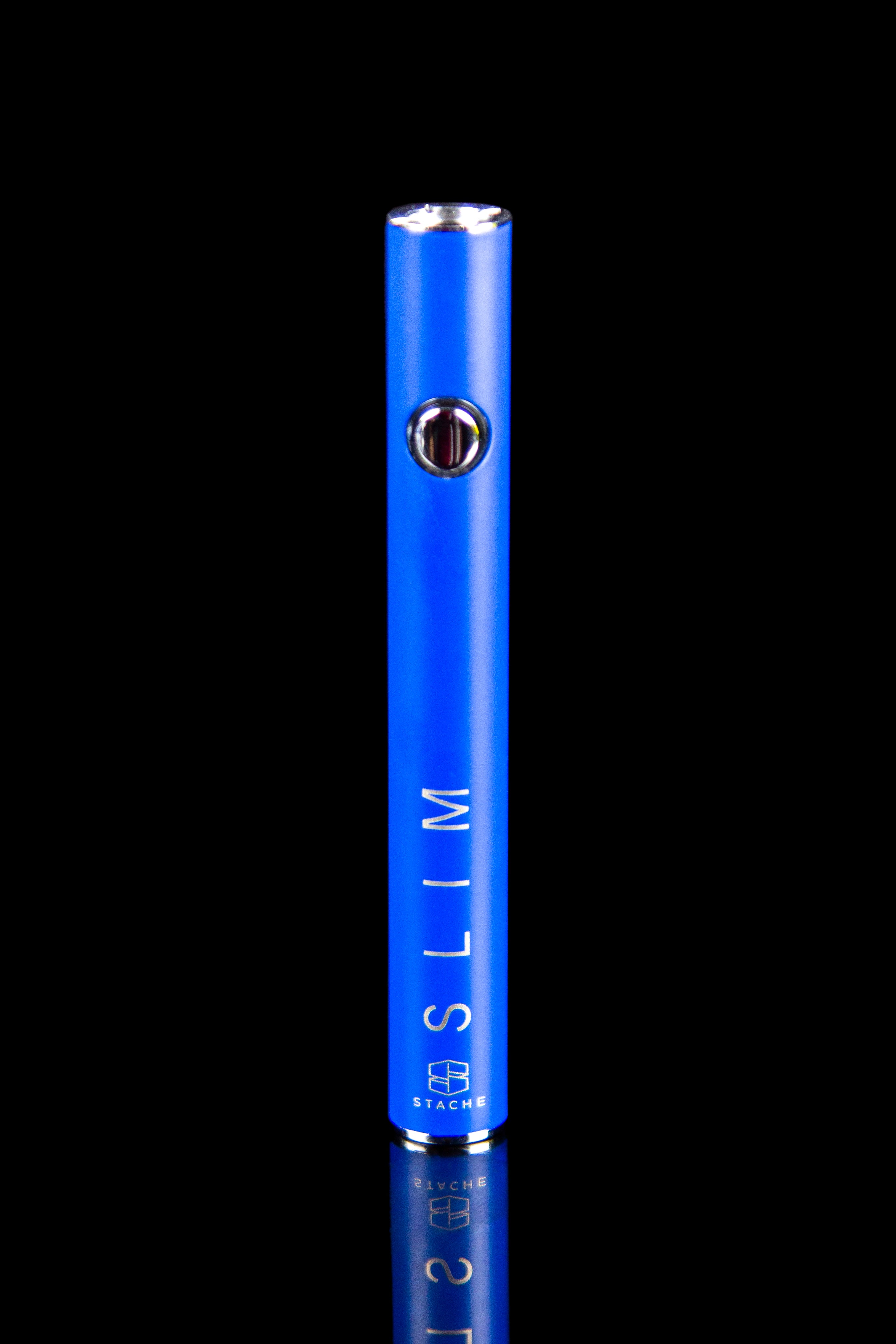 Blue cannabis oil vape pen with “SLIM” and “STACHE” branding against a black background.