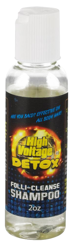 Front view of the 2oz High Voltage Detox Folli-Cleanse Shampoo bottle with colorful labeling and a clear liquid inside.
