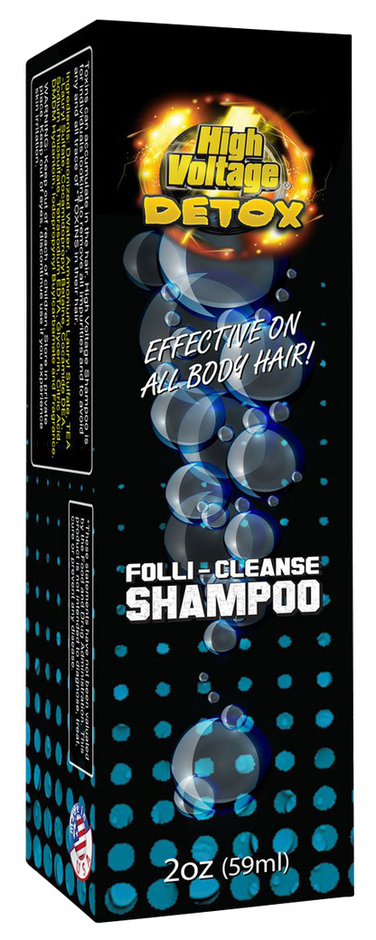 Front view of the 2oz High Voltage Detox Folli-Cleanse Shampoo bottle with vibrant text on a dark background.