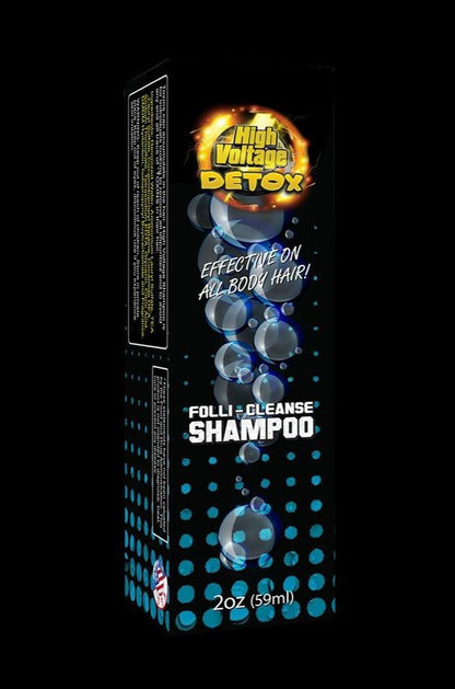 Front view of the 2oz High Voltage Detox Folli-Cleanse Shampoo bottle, featuring a colorful label with bold typography against a dark background.