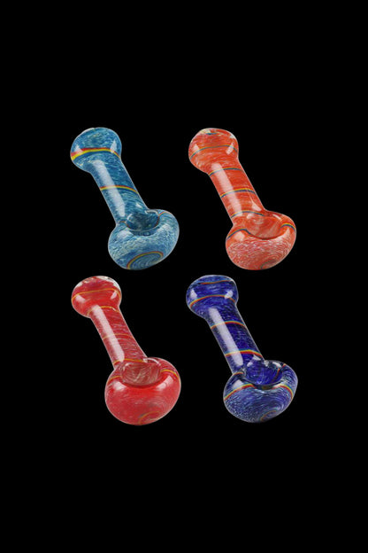 A close-up shot of the Simple Colorful Spoon Pipe - Balloon Strings, displaying a vibrant, colorful glass pipe against a black backdrop.