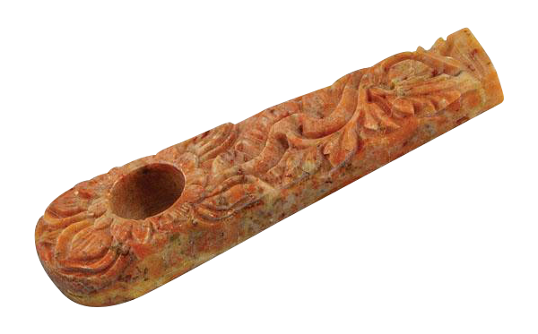 A close-up, angled view of the Marble Stone Pipe with Flower Design, showcasing its carved floral details.