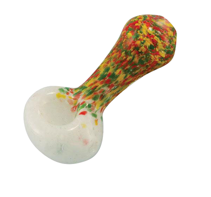 A close-up, angled view of the Rasta Color Frit Glass Pipe, showing its colorful, speckled glass construction.