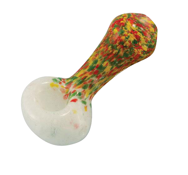 A close-up, angled view of the Rasta Color Frit Glass Pipe, showing its colorful, speckled glass construction.