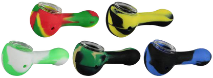 Front view of the Classic Silicone Hand Pipe with Glass Bowl, showcasing its curved shape and colorful silicone exterior.