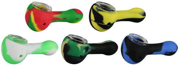 Front view of the Classic Silicone Hand Pipe with Glass Bowl, showcasing its curved shape and colorful silicone exterior.