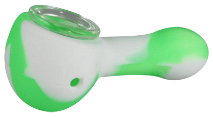 Front view of the Classic Silicone Hand Pipe with Glass Bowl, showing a handheld pipe with a green silicone body and clear glass bowl.