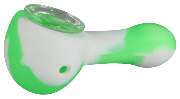 Front view of the Classic Silicone Hand Pipe with Glass Bowl, showing a handheld pipe with a green silicone body and clear glass bowl.
