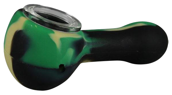 Close-up of the Classic Silicone Hand Pipe with Glass Bowl, showcasing its curved shape and smooth, dark-to-light gradient.