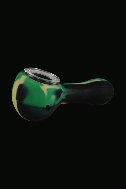 The Classic Silicone Hand Pipe with Glass Bowl is shown in a close-up, angled view against a dark background.