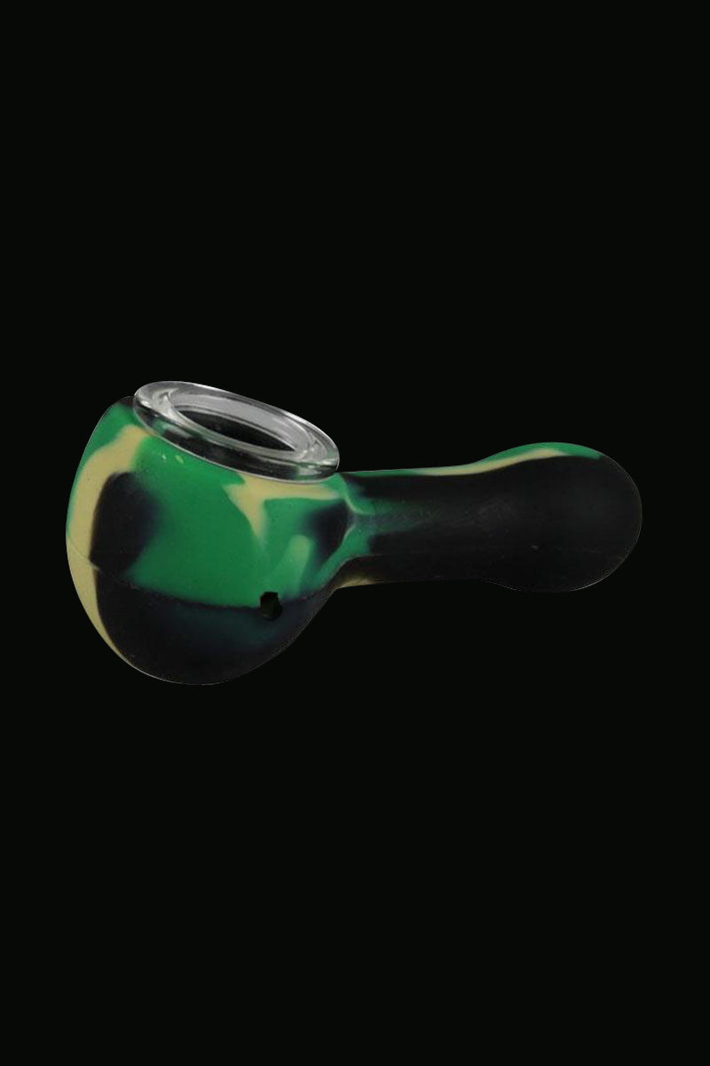 The Classic Silicone Hand Pipe with Glass Bowl is shown in a close-up, angled view against a dark background.
