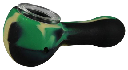 A close-up, angled view of the Classic Silicone Hand Pipe with Glass Bowl, showing the dark-colored silicone and clear glass bowl.