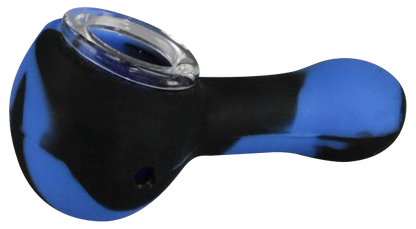 A side view of the Classic Silicone Hand Pipe with Glass Bowl, showcasing its curved shape and smooth, dark blue finish.