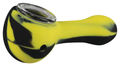 Front view of the Classic Silicone Hand Pipe with Glass Bowl, showcasing its curved form and glossy finish.