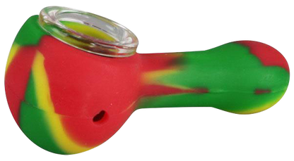 A close-up, angled view of the Classic Silicone Hand Pipe with Glass Bowl, showing its colorful silicone body and clear glass bowl.