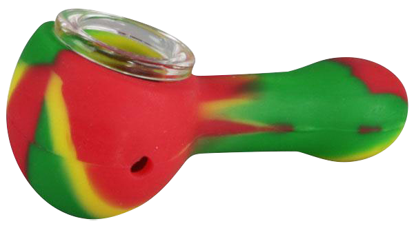A close-up, angled view of the Classic Silicone Hand Pipe with Glass Bowl, showing its colorful silicone body and clear glass bowl.