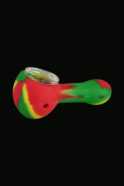 The Classic Silicone Hand Pipe with Glass Bowl is shown in a close-up, angled view against a dark backdrop.