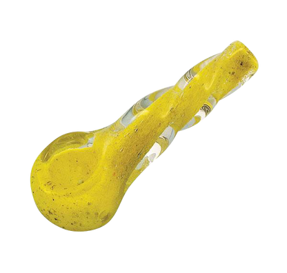 A close-up, angled view of the Small Heavy Twisted Frit Glass Pipe, showing its colorful, textured glass construction.