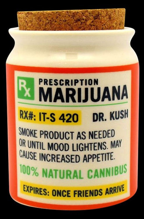"Stash it! "Prescription" Jar" presented in a close-up, front view with a white label mimicking a medical prescription.