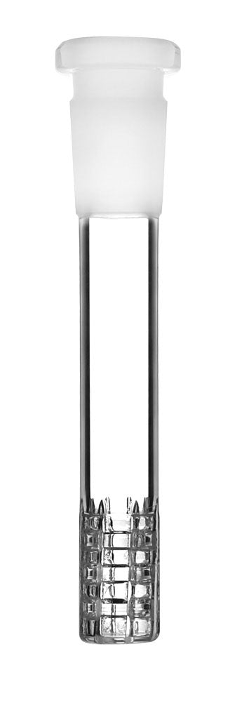 Front view of the Diffused Downstem for Pulsar, a clear glass piece with a ribbed design and angled mouthpiece.