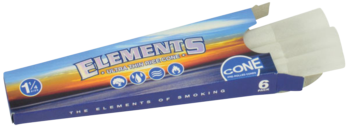 Close-up of the Elements 1 ¼” Prerolled Cones package, displaying the brand name and cone style in bold lettering.
