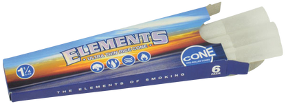 Close-up of the Elements 1 ¼” Prerolled Cones package, displaying the brand name and cone style in bold lettering.
