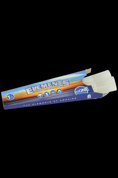 A front view of the 30-pack of Elements 1 ¼" Prerolled Cones with a blue-and-white patterned package.