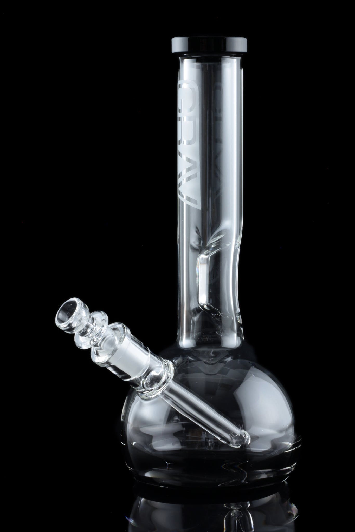 Clear glass water pipe (bong) with intricate design, studio shot on black background.