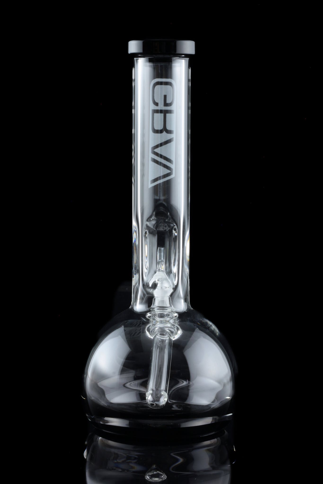Clear glass water pipe (bong) with intricate design, studio shot.