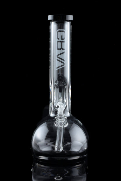 Clear glass water pipe (bong) with intricate design, studio shot.