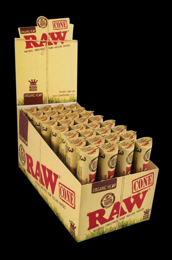 A stack of RAW Organic Hemp Prerolled Kingsize Cones is displayed against a black background, showcasing the packaging's branded design.