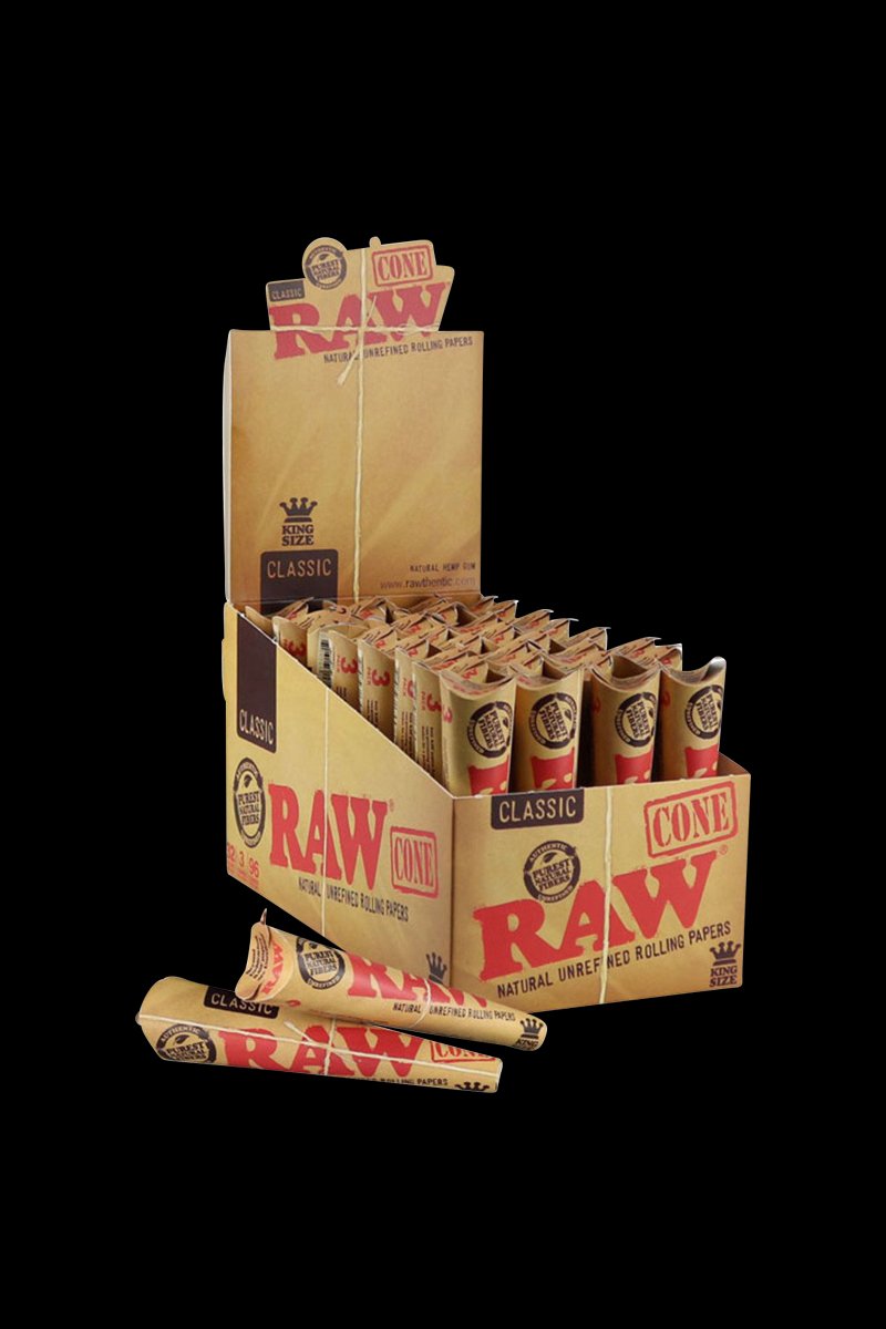 A slightly angled view of the RAW Kingsize Unrefined Cone Papers 32-pack, showcasing the stacked, unbleached paper cones in their packaging.