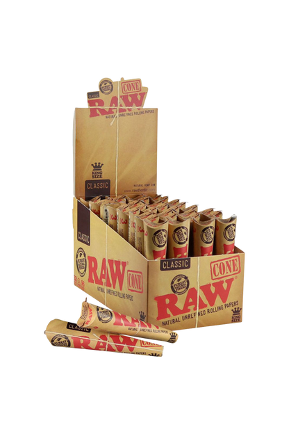 A stack of RAW Kingsize Unrefined Cone Papers in a box is displayed from a slightly angled, eye-level perspective.