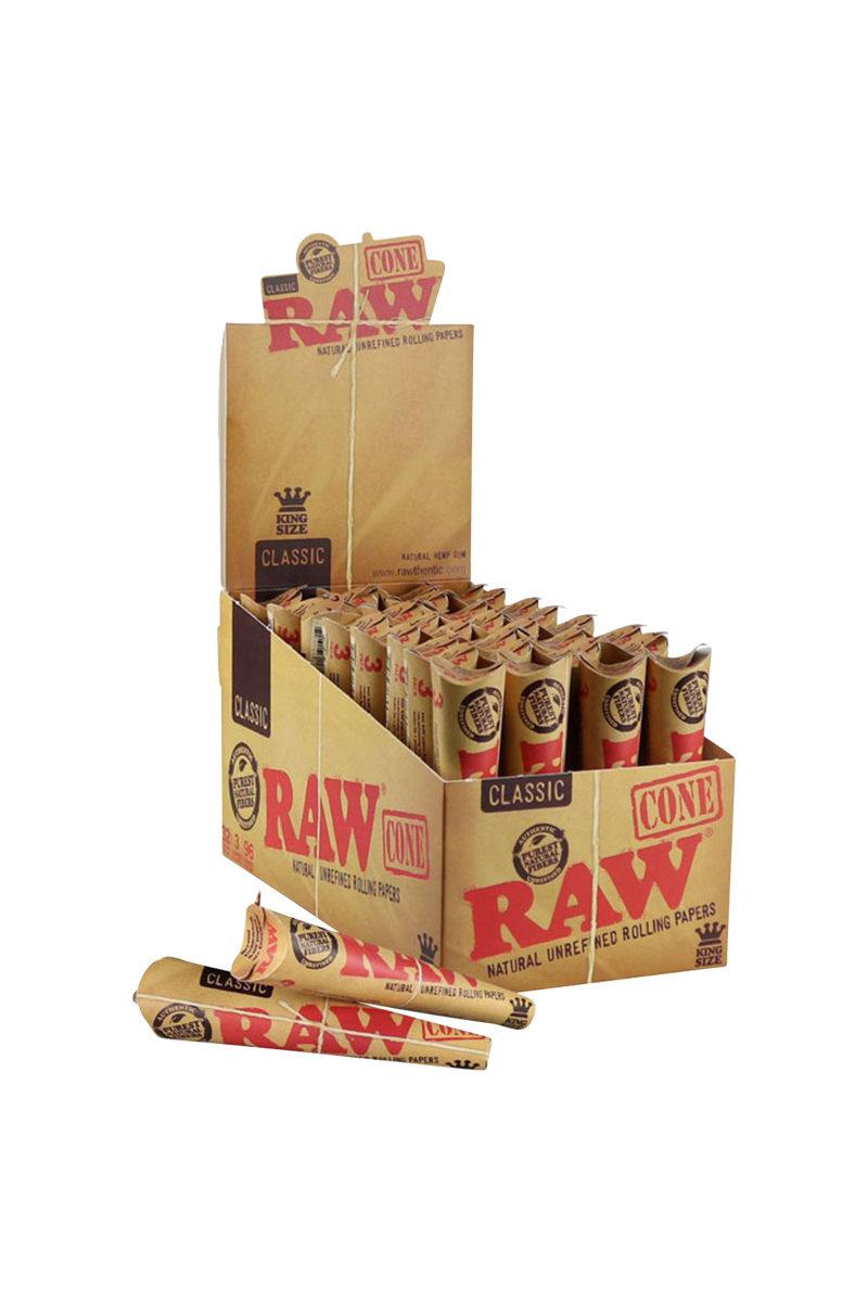 A stack of RAW Kingsize Unrefined Cone Papers in a box is displayed from a slightly angled, eye-level perspective.