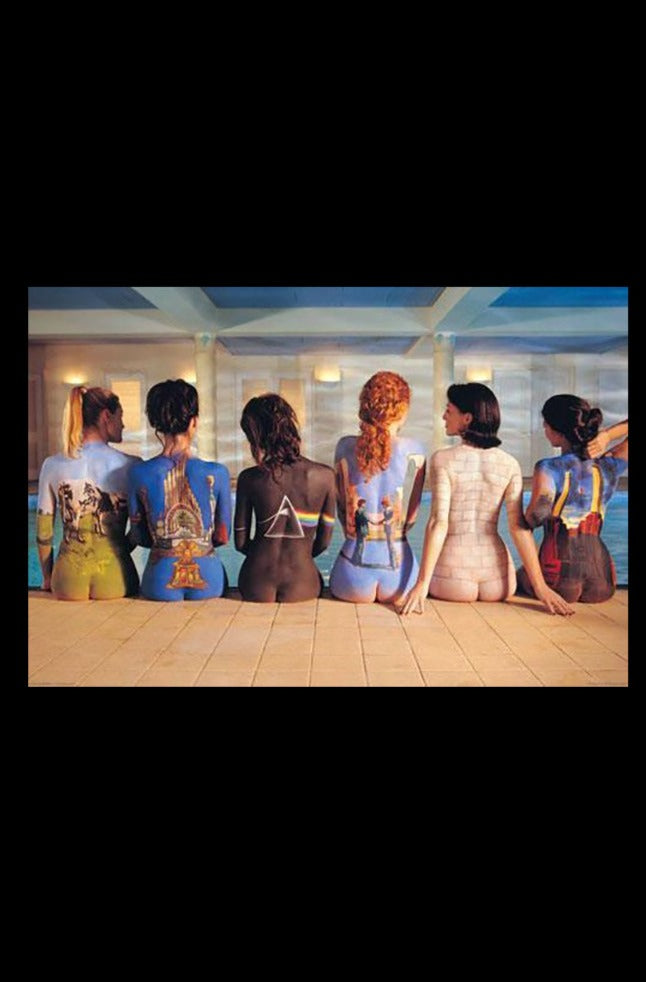 A rear view of nude figures arranged as the iconic cover art for the Pink Floyd Painted Backs Poster, bathed in soft light.