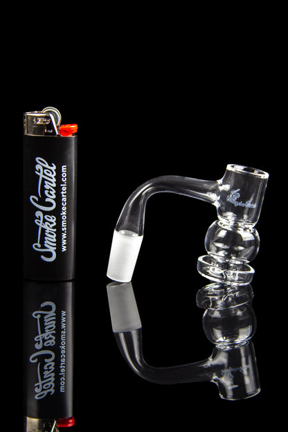 Clear glass water pipe and lighter with branding, studio shot.